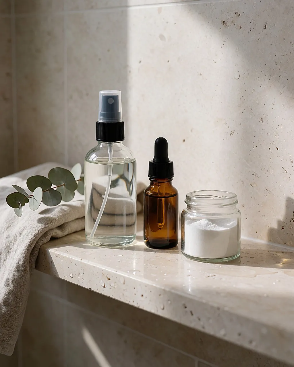 Drei leere Glasbehälter, Spray, Serum und Puder, auf einem hellen Regal