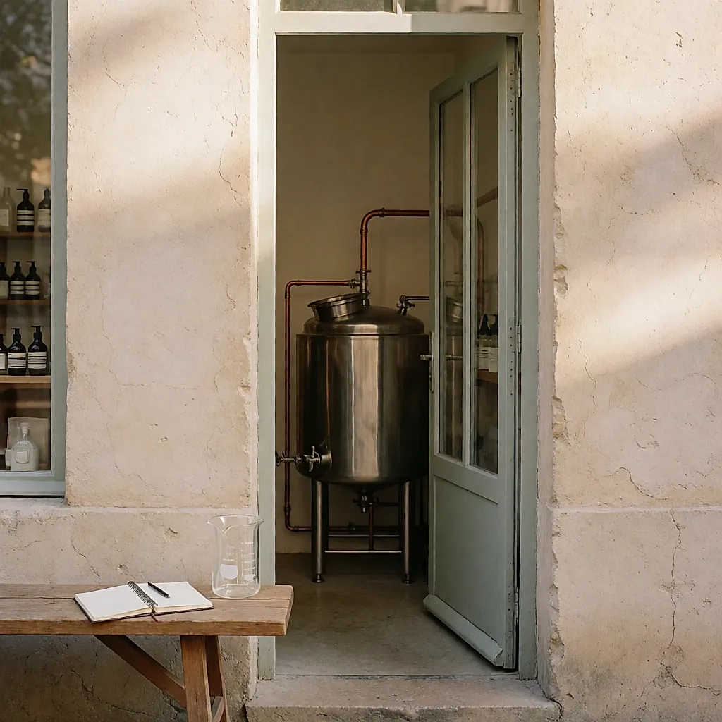 Une porte ouverte sur un atelier de cosmétiques avec cuve inox, carnet et bécher