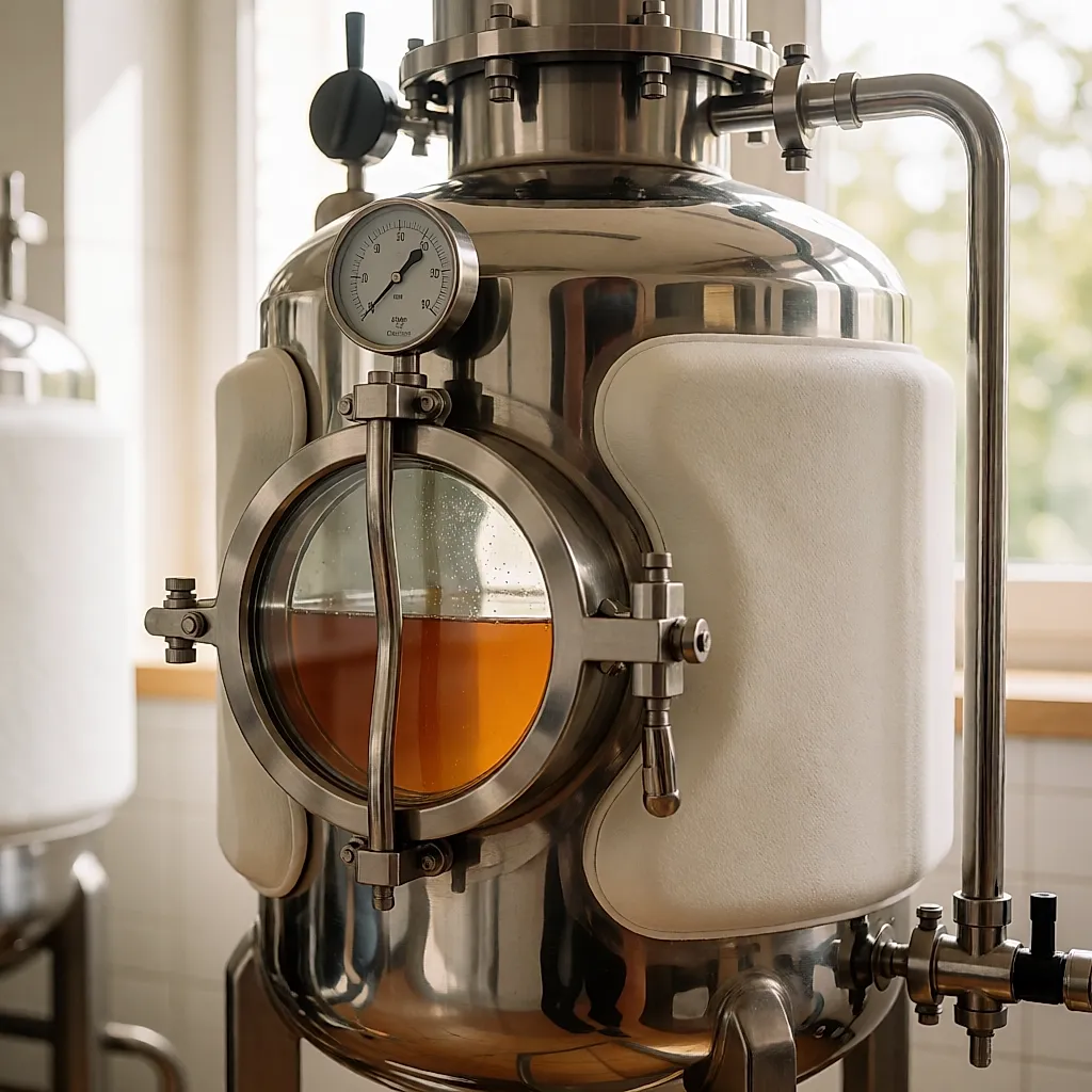 Détail d’un fermenteur inox, hublot et liquide ambré en atelier