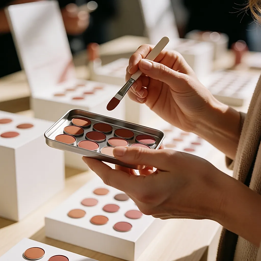 Des pastilles de fard crème tenues à la main sur un stand K-beauty parisien
