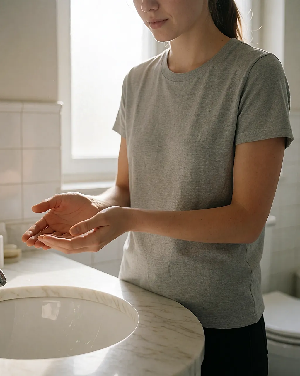 Noch feuchte Hände verteilen eine Handcreme in der Handfläche am Waschbecken