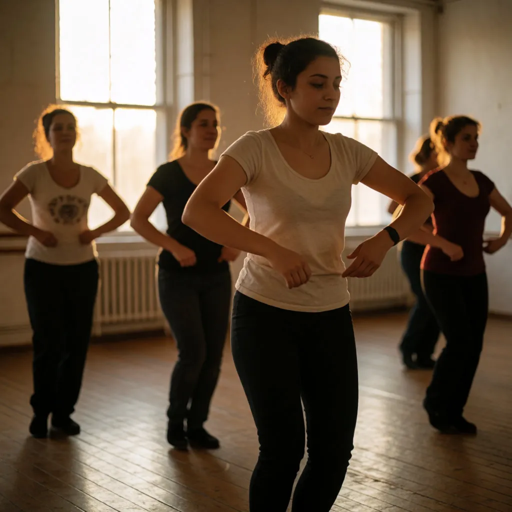 Cours collectif de danse orientale : une jeune femme métissée en mouvement, participantes floues derrière elle