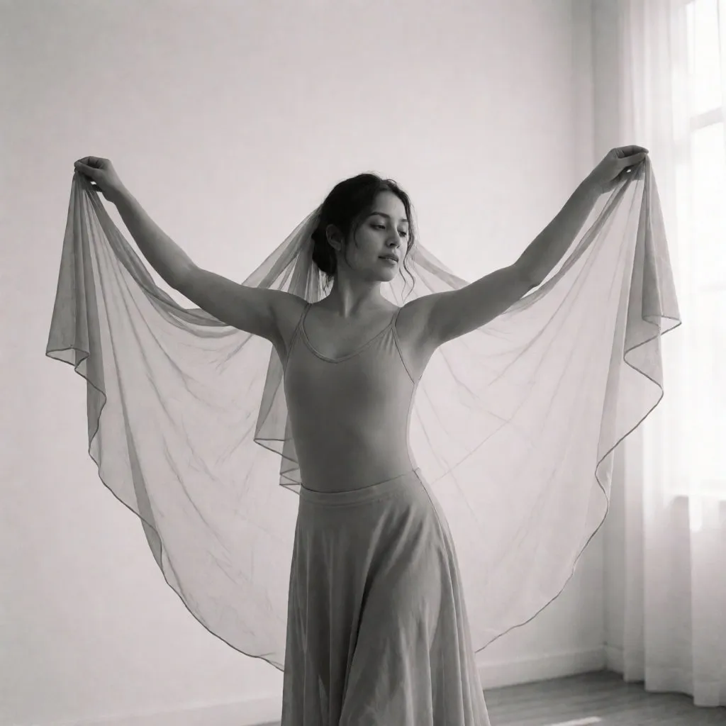 Danseuse latina faisant tourner un voile léger, bras tendus, dans un studio baigné de lumière
