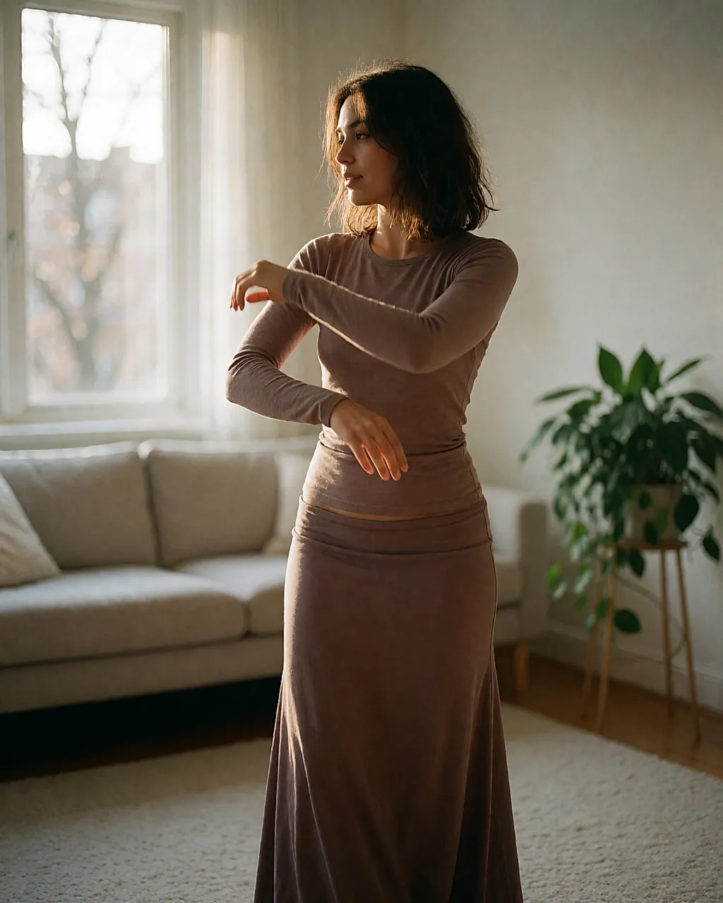 Jeune femme répétant des mouvements de danse orientale dans son salon, près d'une grande fenêtre