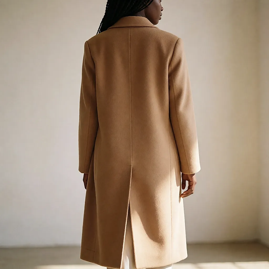 De dos, le pan arrière d'un manteau de laine retombe et dévoile la doublure à l'ourlet