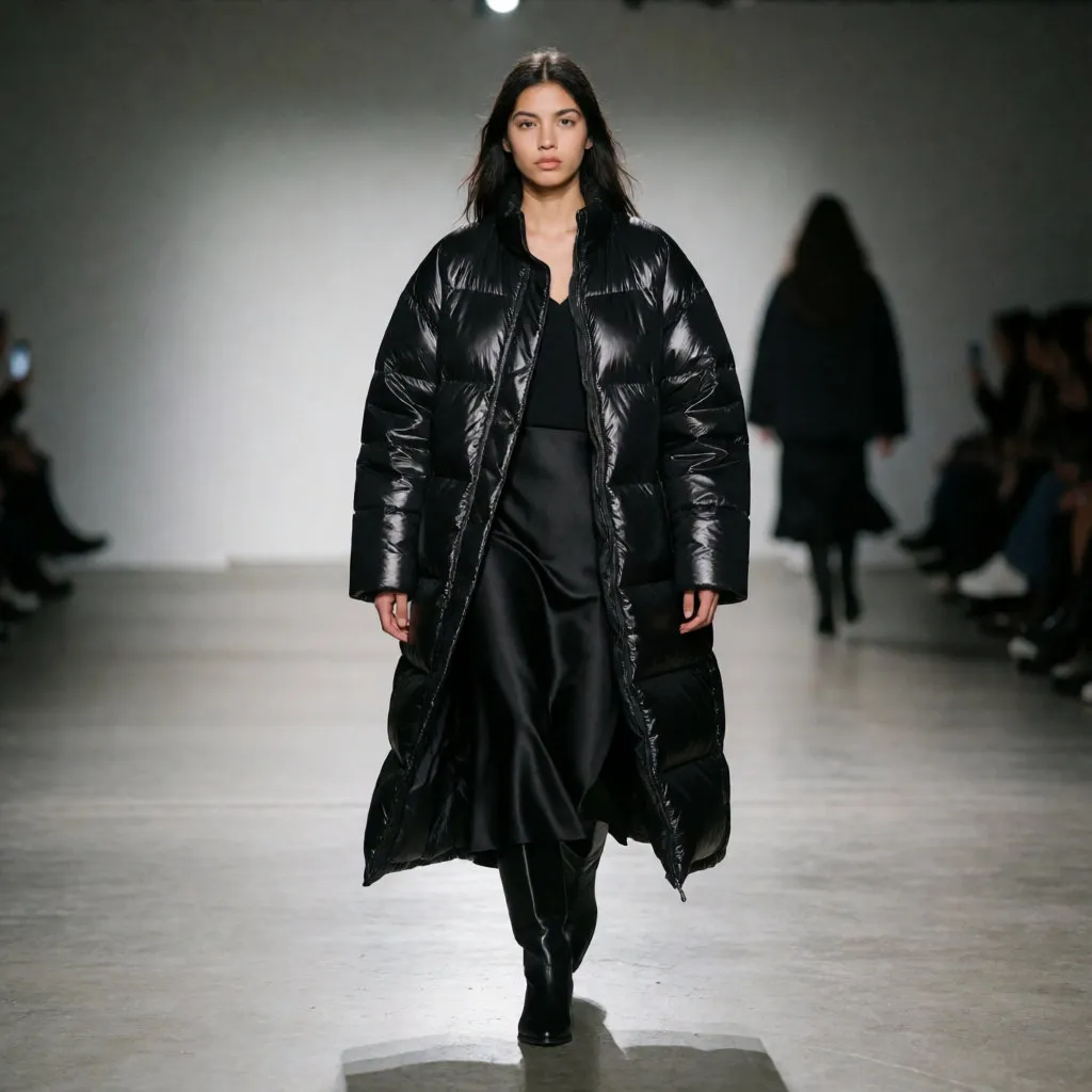 Mujer joven con plumífero oversize brillante sobre una pasarela minimalista, falda midi y botas