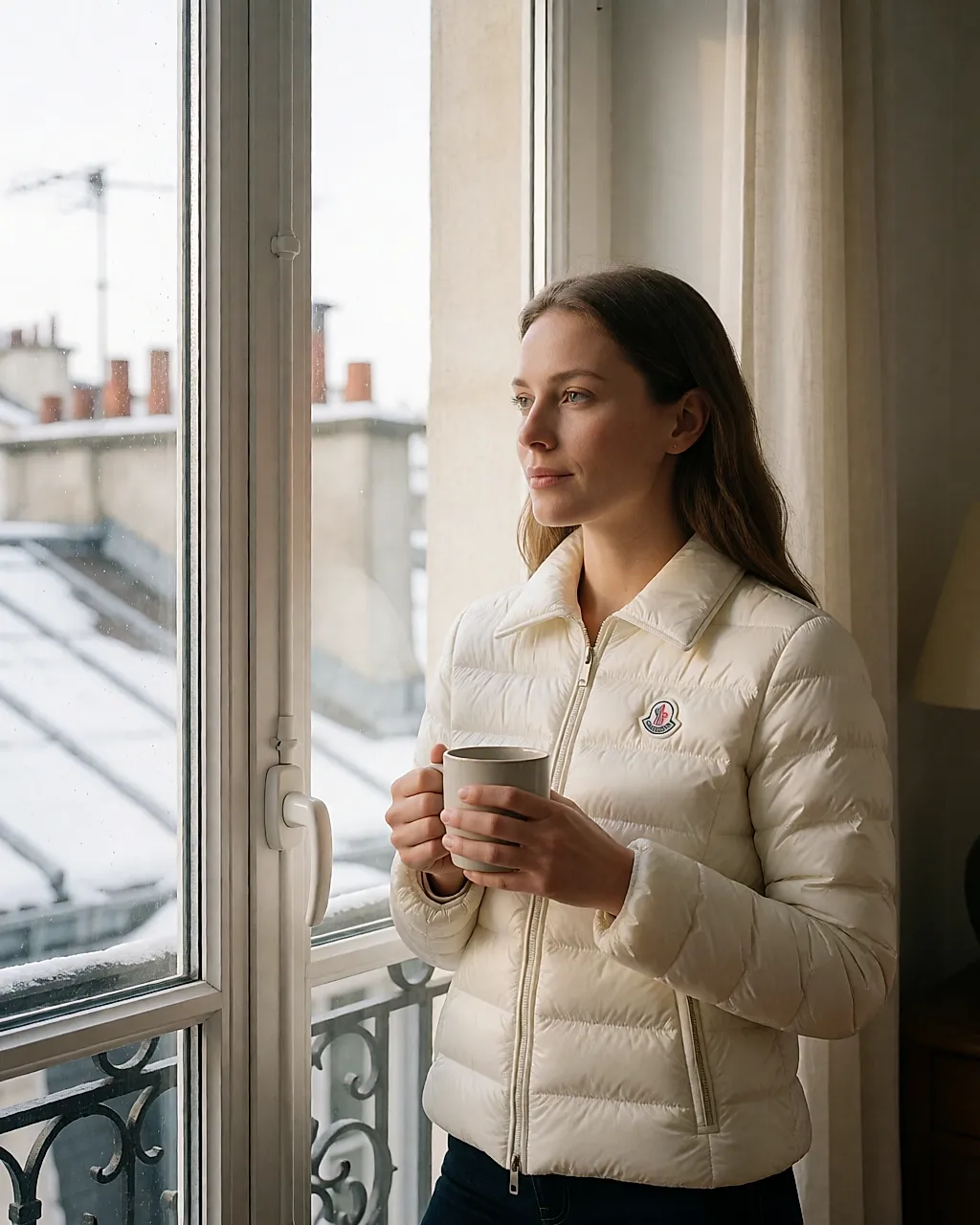 Mujer con un plumífero color crema Moncler junto a una ventana en invierno