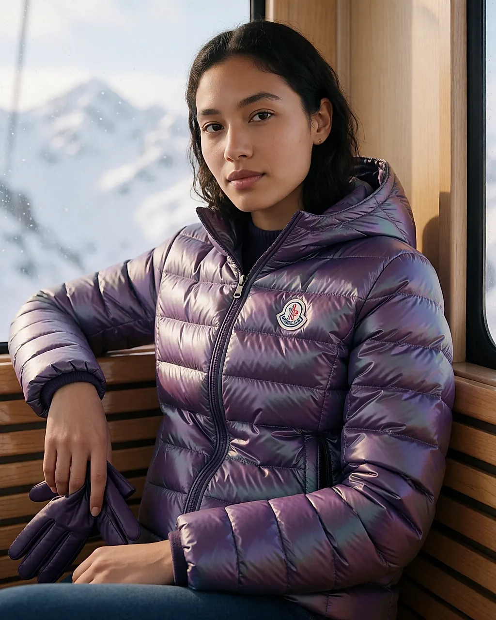 Mujer con un plumífero violeta Moncler sentada en una cabina de teleférico