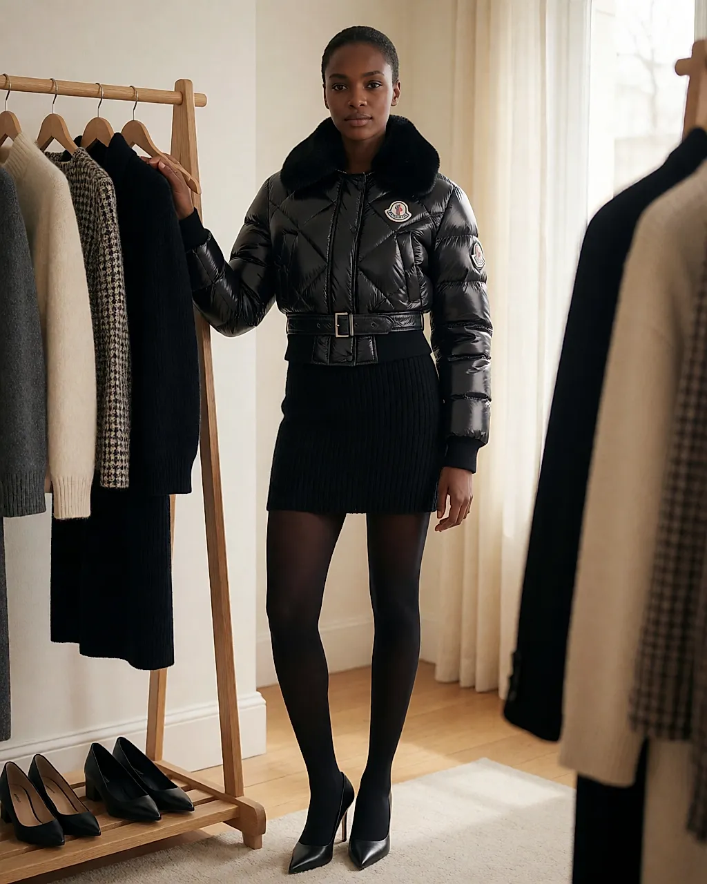 Mujer con un plumífero bomber Moncler de cuello de piel y tacones de aguja
