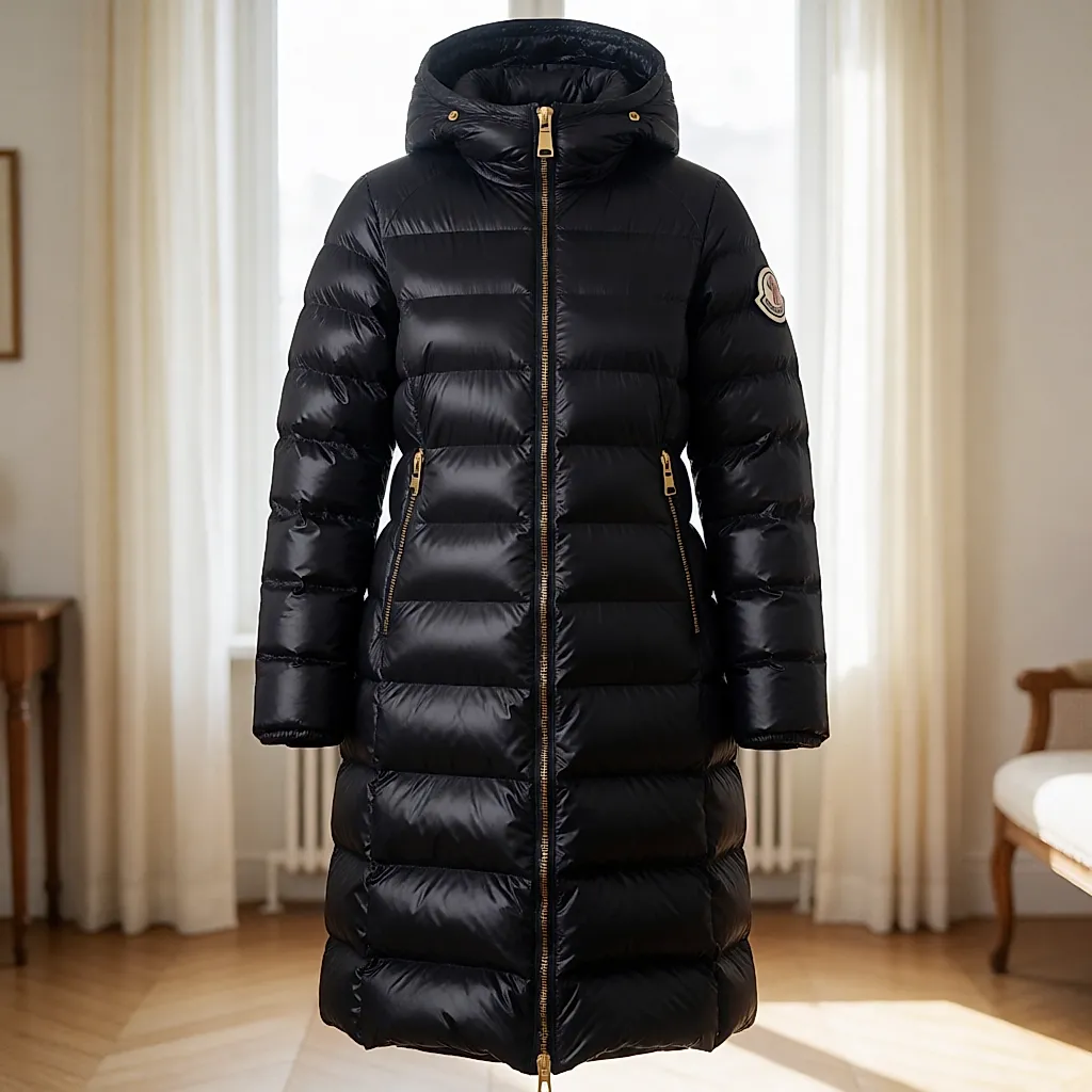 Plumífero negro charolado Moncler con detalles dorados bajo una farola, de noche