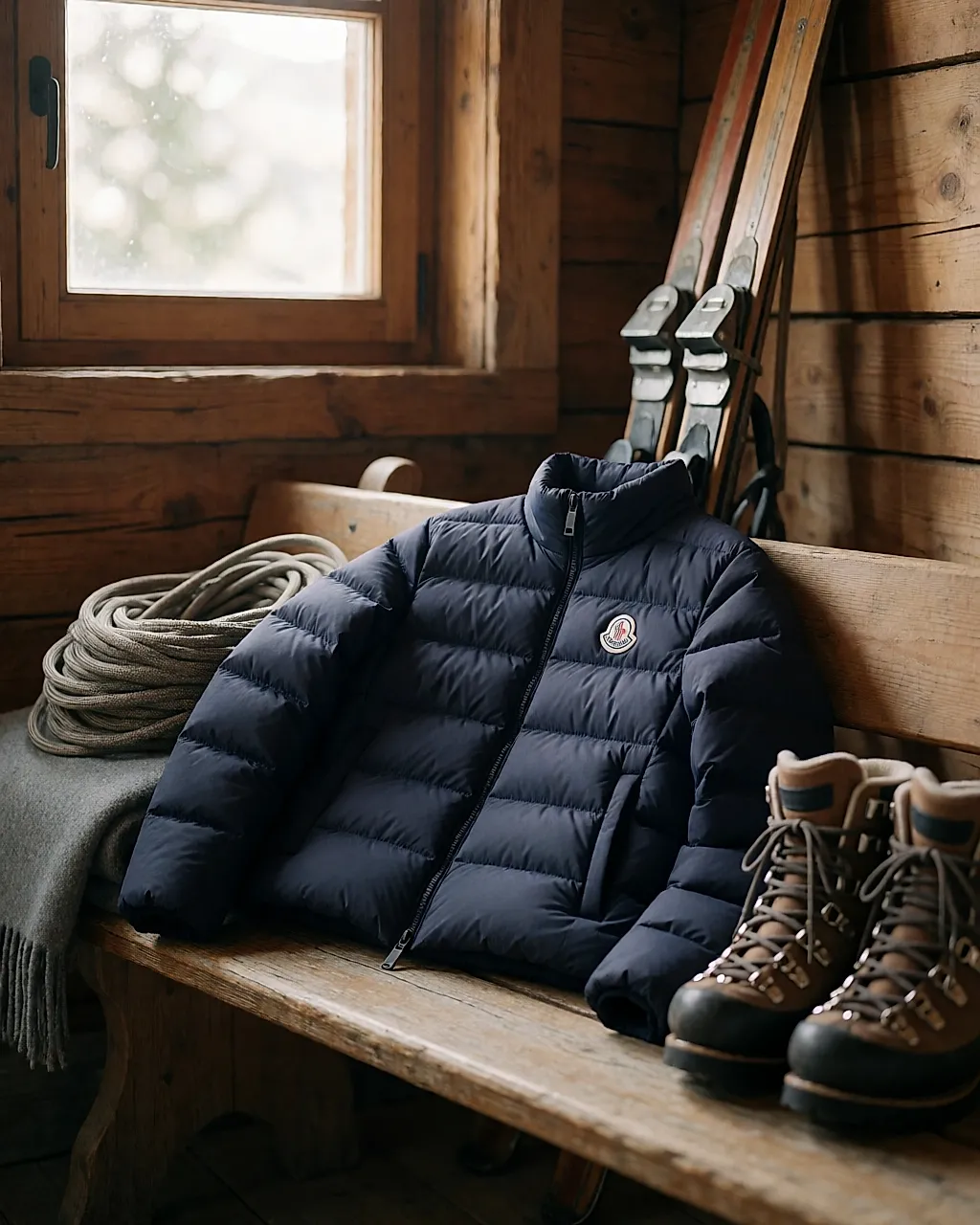 Plumífero Moncler azul marino apoyado en un refugio alpino, junto a una cuerda y unas botas