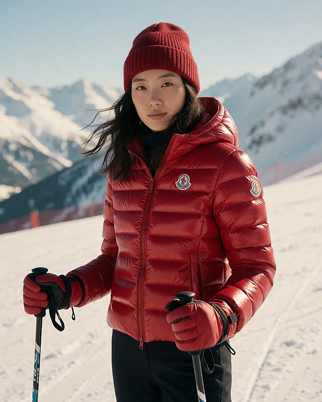Esquiadora con un plumífero corto Moncler rojo en una pista soleada