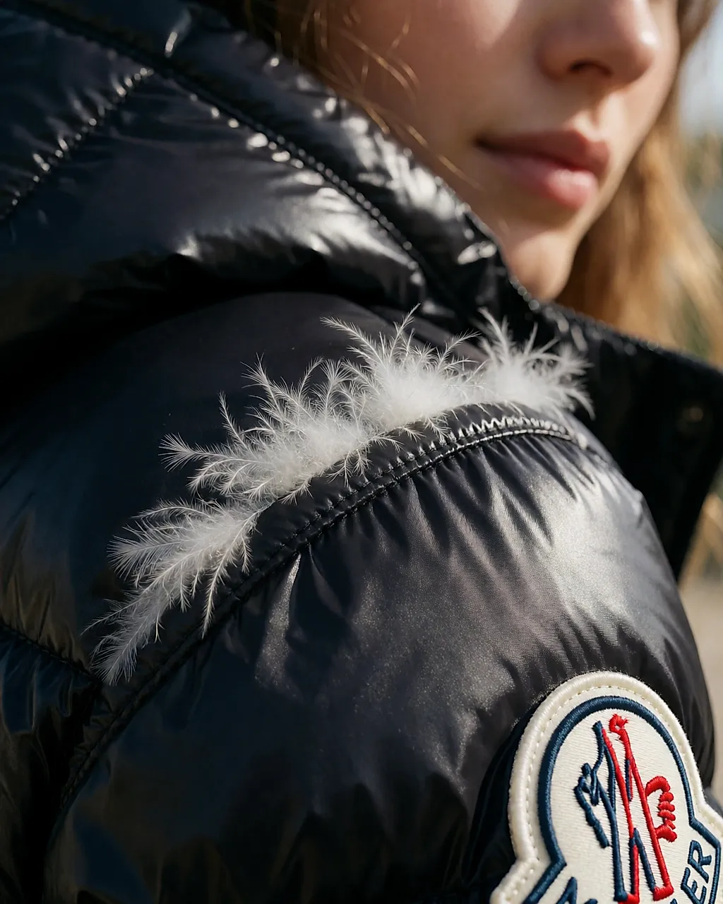 Primer plano del acolchado de un plumífero Moncler y las plumas de plumón