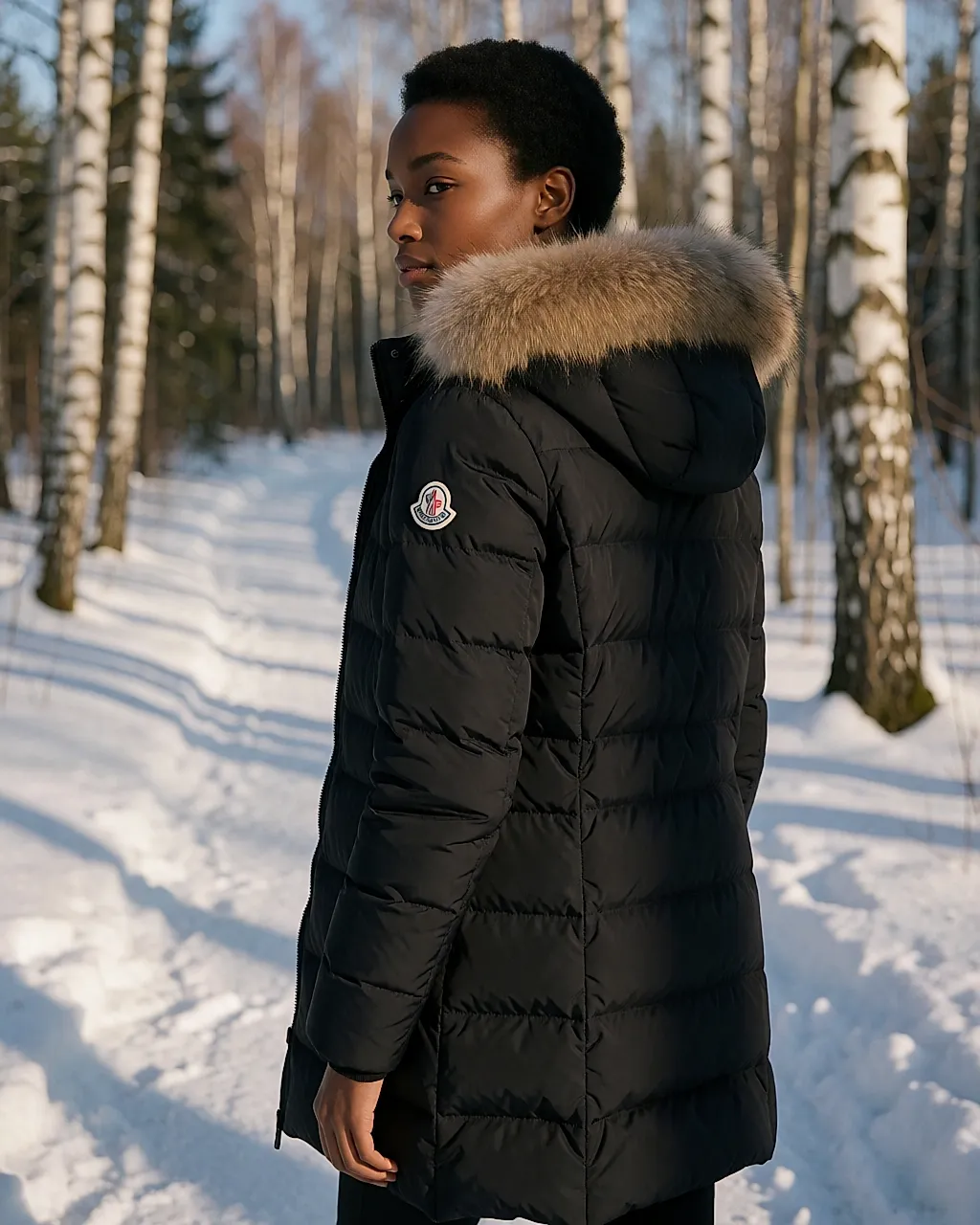 Mujer de espaldas con un largo plumífero negro Moncler en un camino nevado