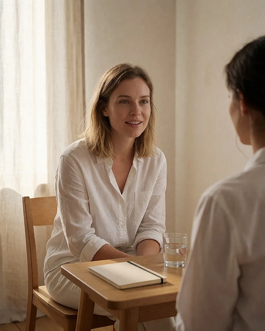 A woman sitting in a bright consulting room, in conversation before a session