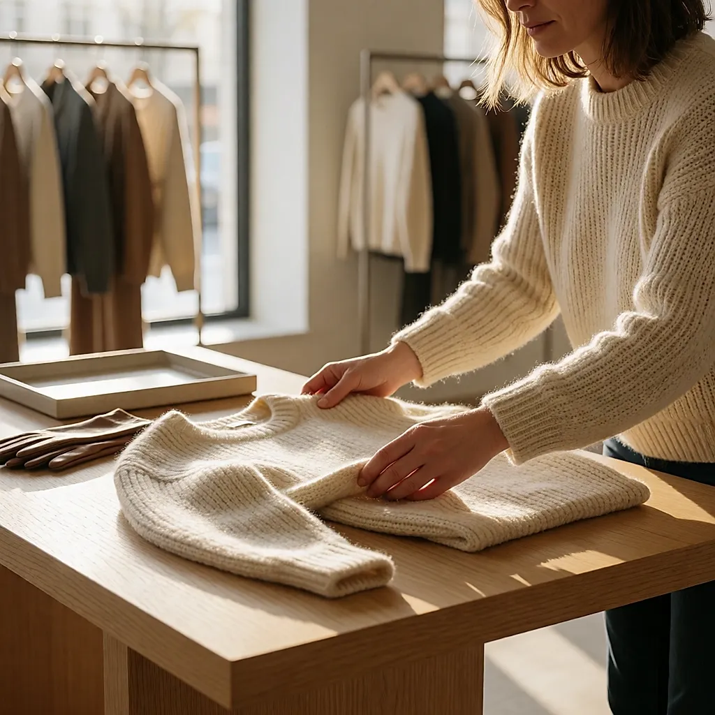 Des mains arrangent une maille crème sur une table de présentation en boutique
