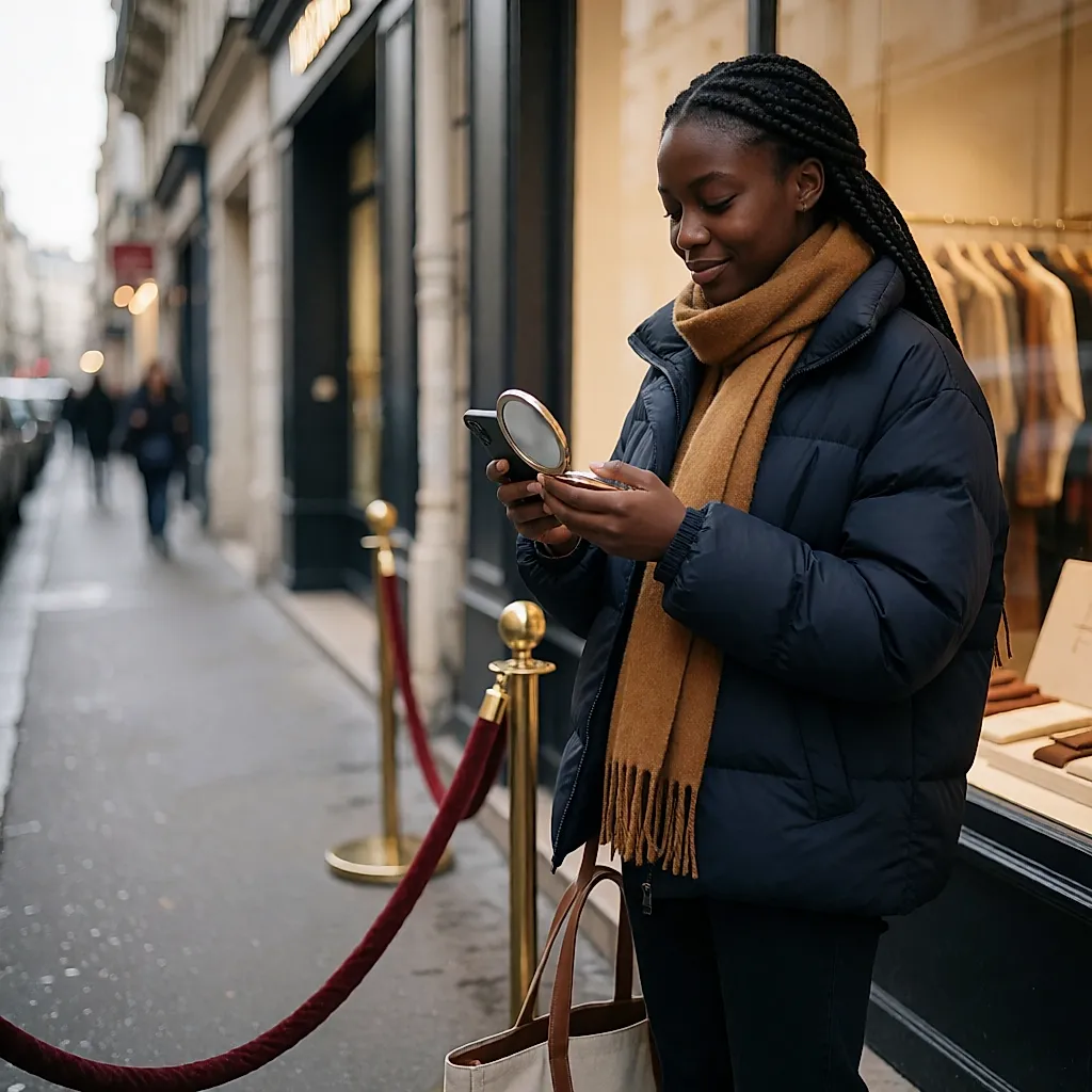 Une jeune femme attend près d'une boutique avec un miroir de poche et un chargeur