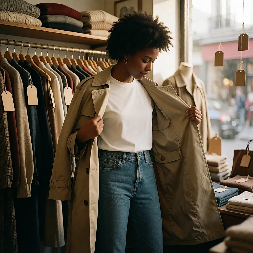 Une femme ajuste un trench beige sur ses épaules dans une boutique vintage
