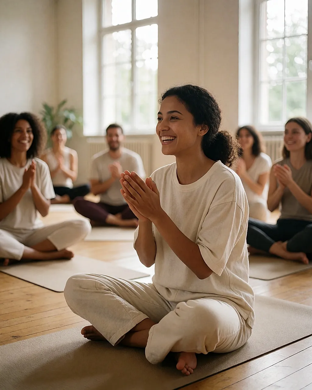 Laughter yoga session in a studio: a participant sitting on a mat claps while laughing
