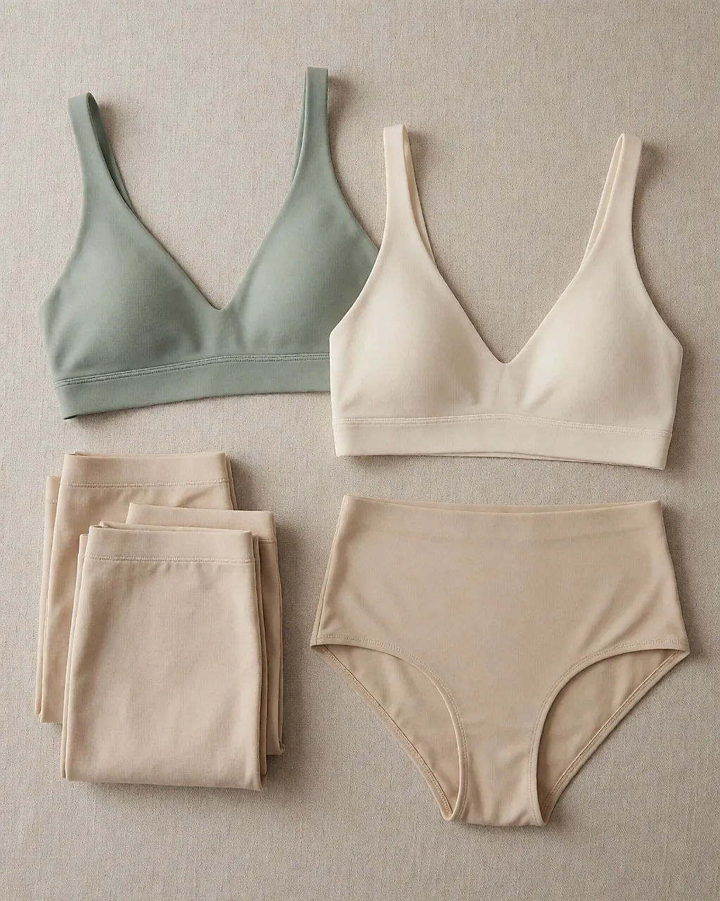 Summer lingerie in recycled materials: a triangle bralette and high-waisted briefs folded on raw linen