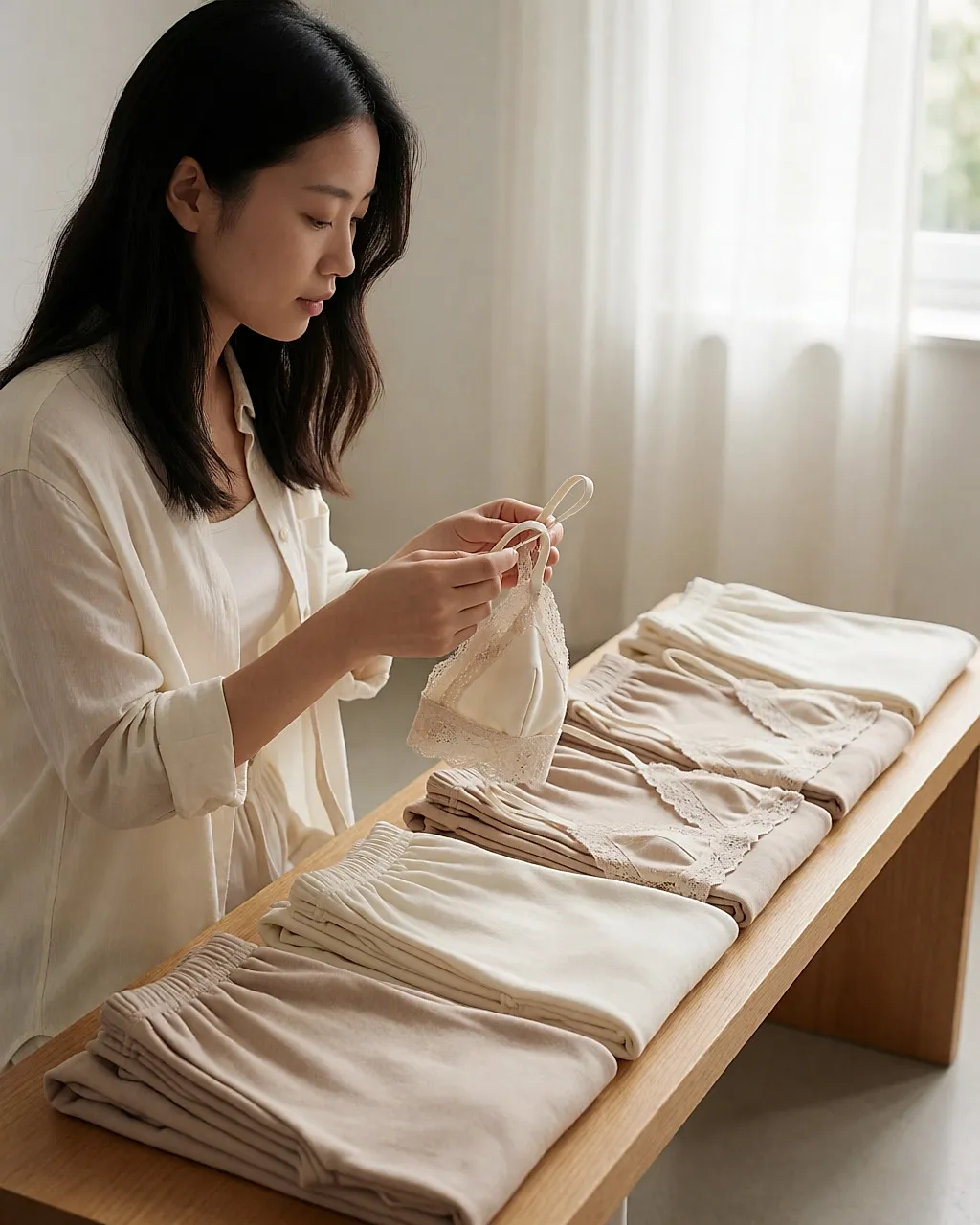 Young woman feeling a cotton and lace bralette with her fingertips in a bright fitting room