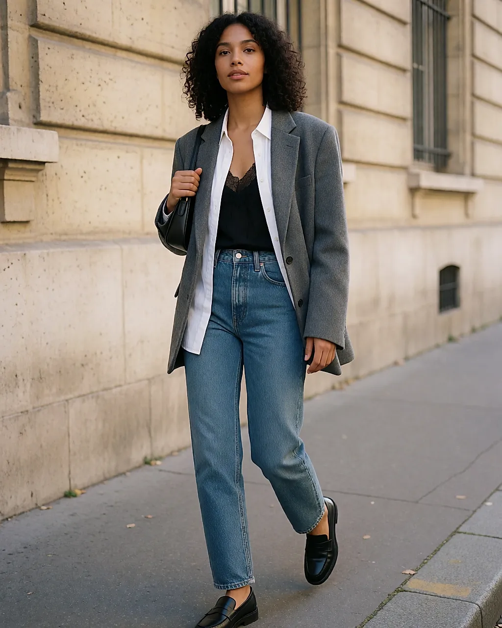 Spitzen-Top über offenem Hemd mit Oversize-Blazer