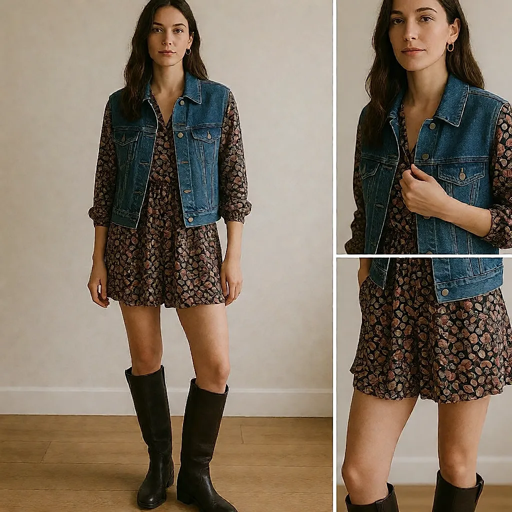 Geblümter Bloomer-Einteiler unter einer Jeansjacke und mit hohen Stiefeln