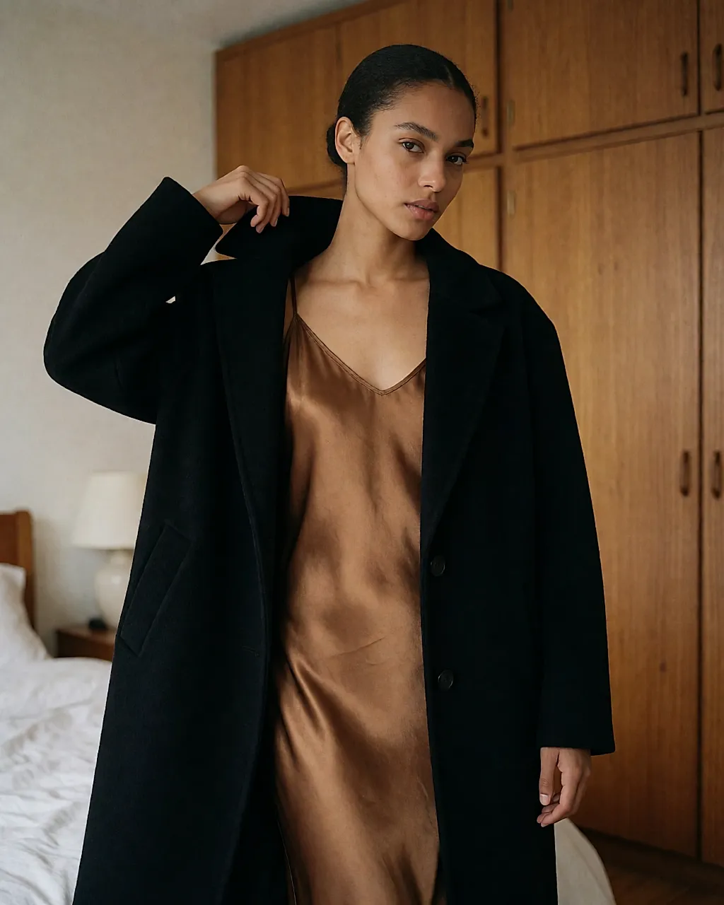 Satin-Nuisette in Bronze als Kleid unter einem schwarzen Wollmantel