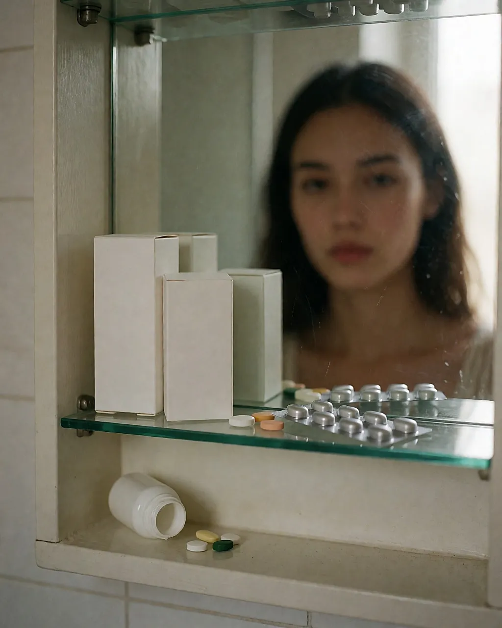 Blank medicine boxes and tablets in a bathroom cabinet under cold light