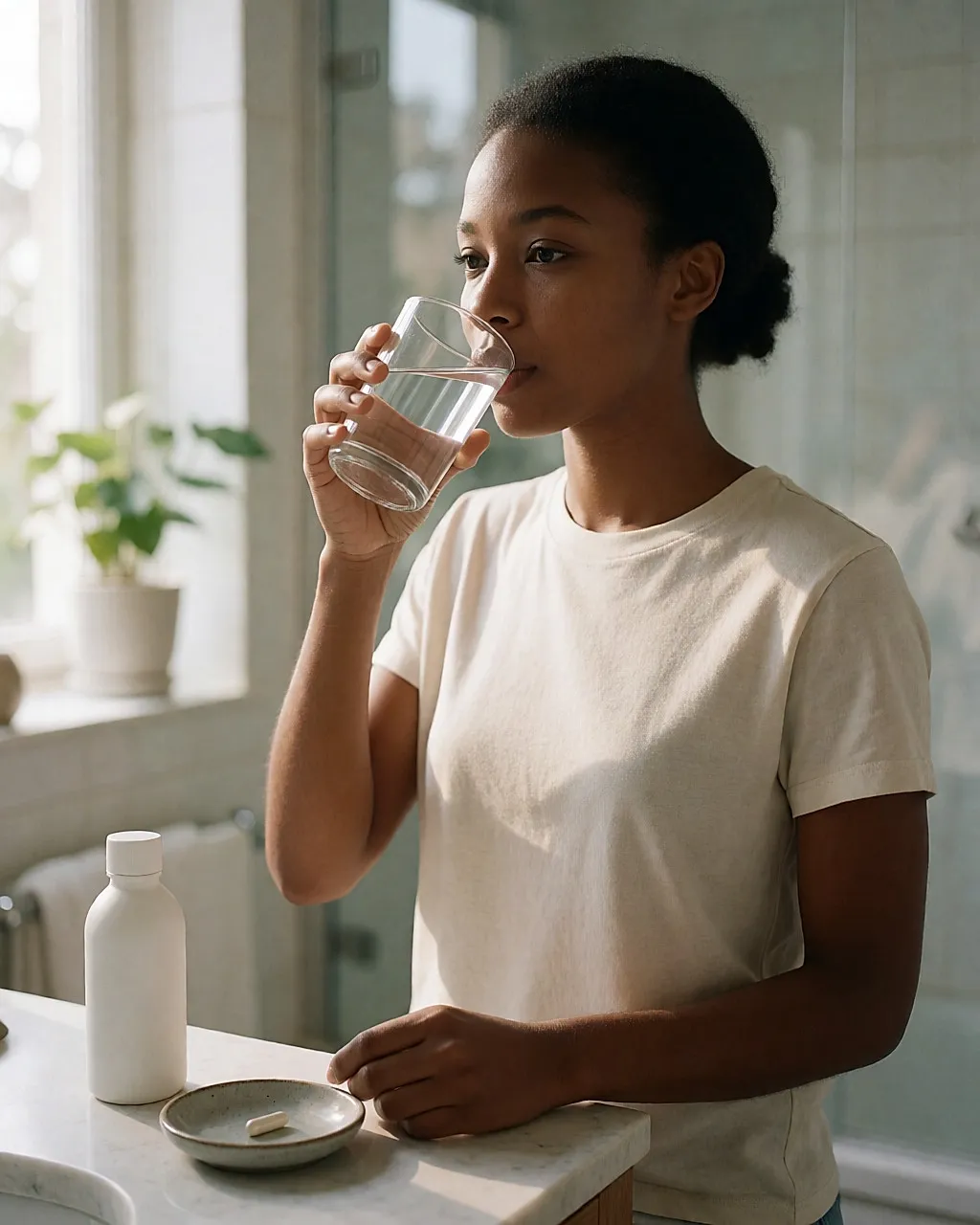 Young Black woman drinking a glass of water in a bright bathroom, with a capsule beside her