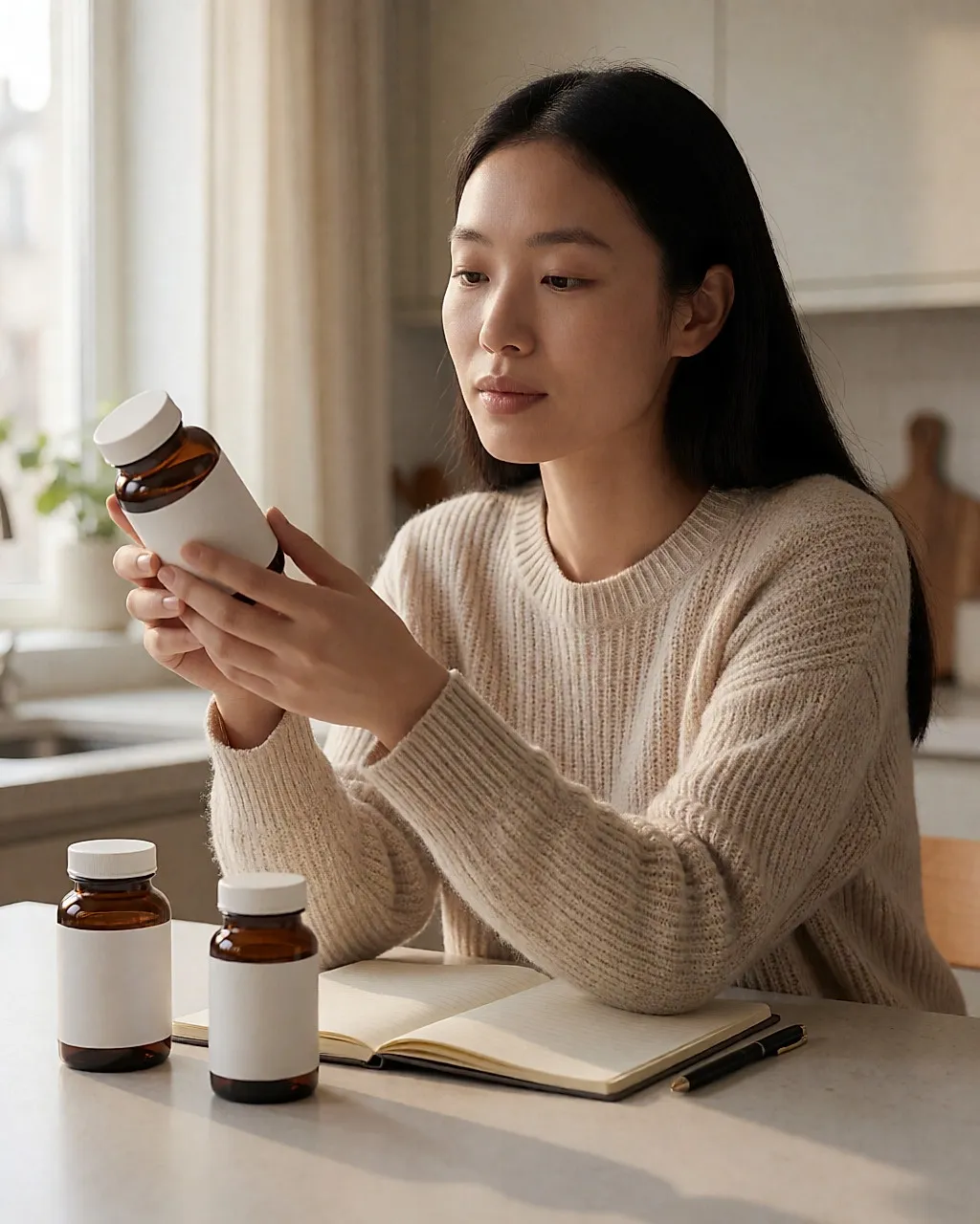 Young Asian woman examining the label of a supplement bottle in the light at a table