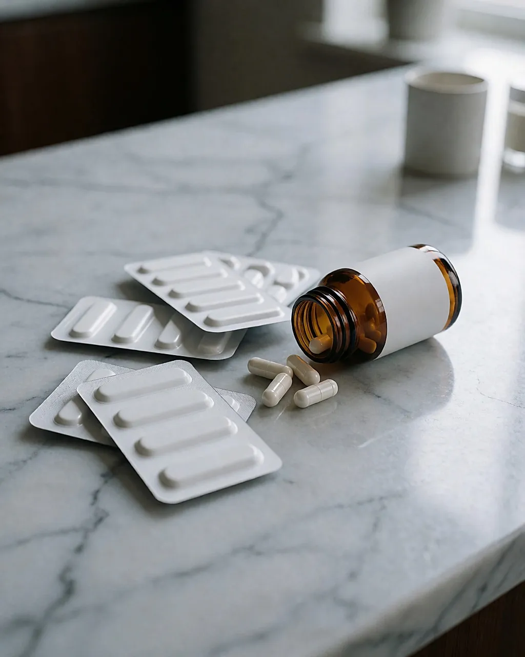 Loose tablets and empty blister packs on a marble counter under cold light