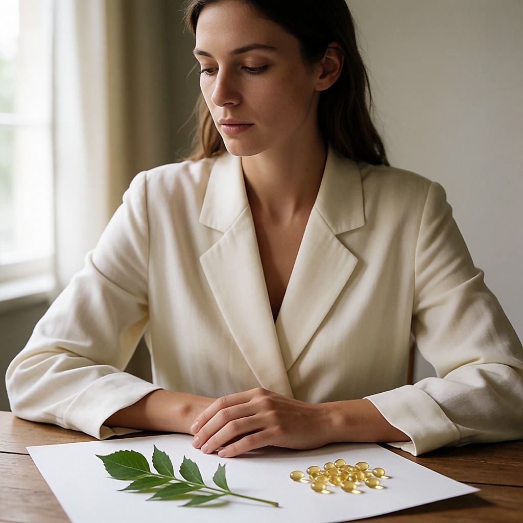 Dried twisted aristolochia root and heart-shaped leaves on paper beside capsules
