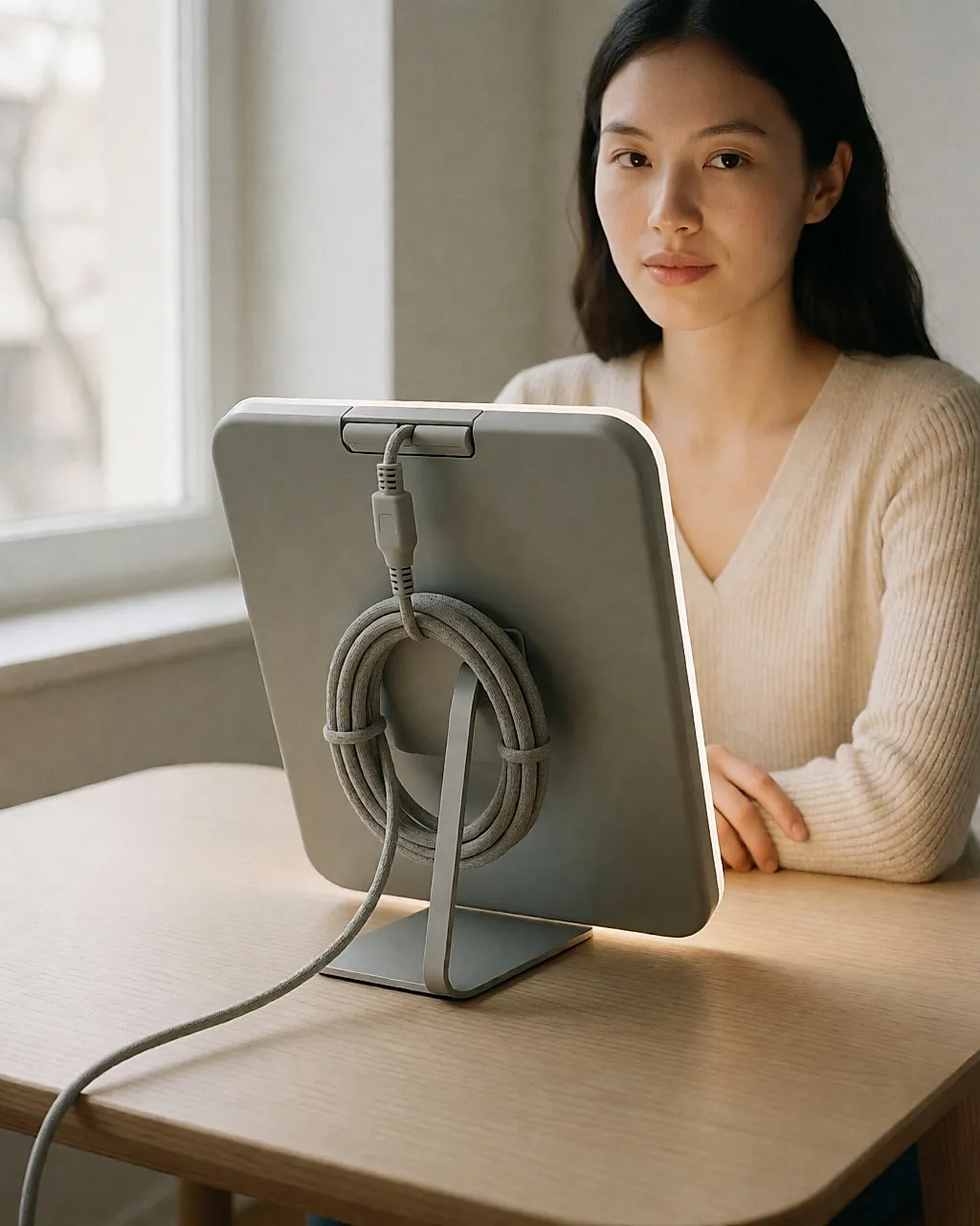 Detalle de la parte trasera de una lámpara de luminoterapia: bisagra, pie metálico y cable
