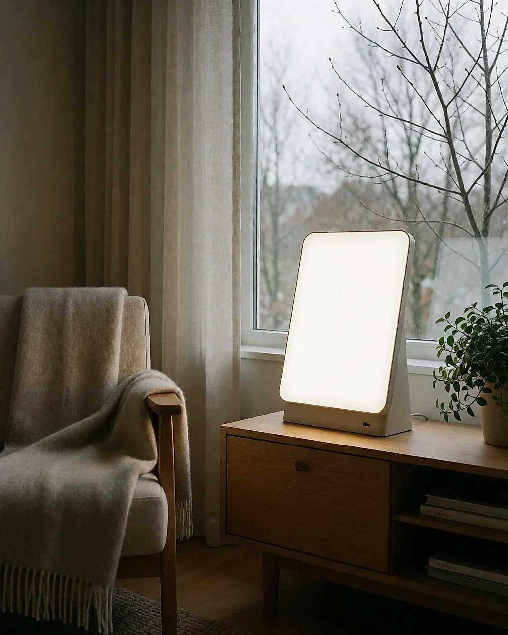 Una lámpara de luminoterapia encendida sobre un mueble de madera en un salón de invierno