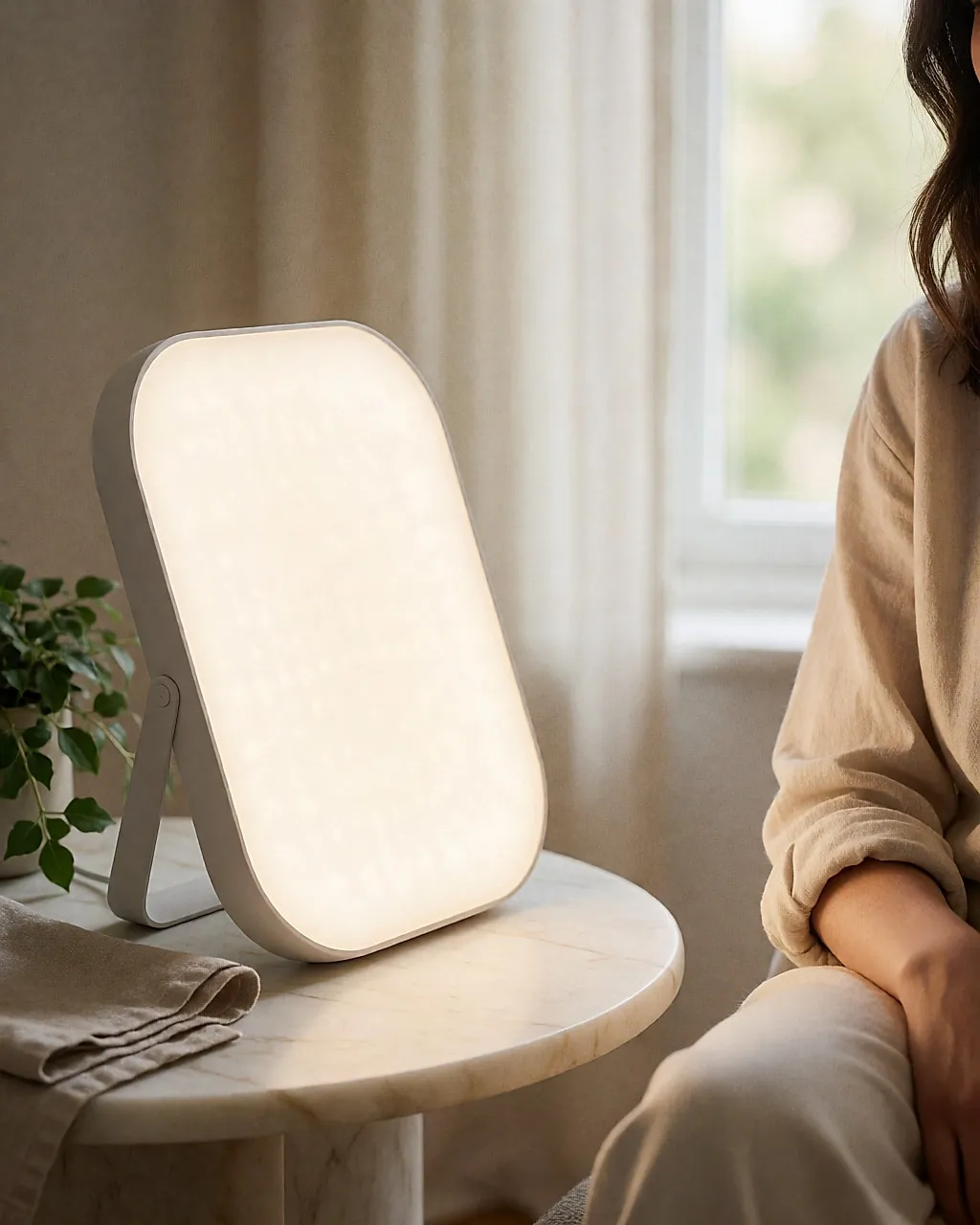 Primer plano de una lámpara de luminoterapia de pantalla ancha y curva, encendida en un dormitorio