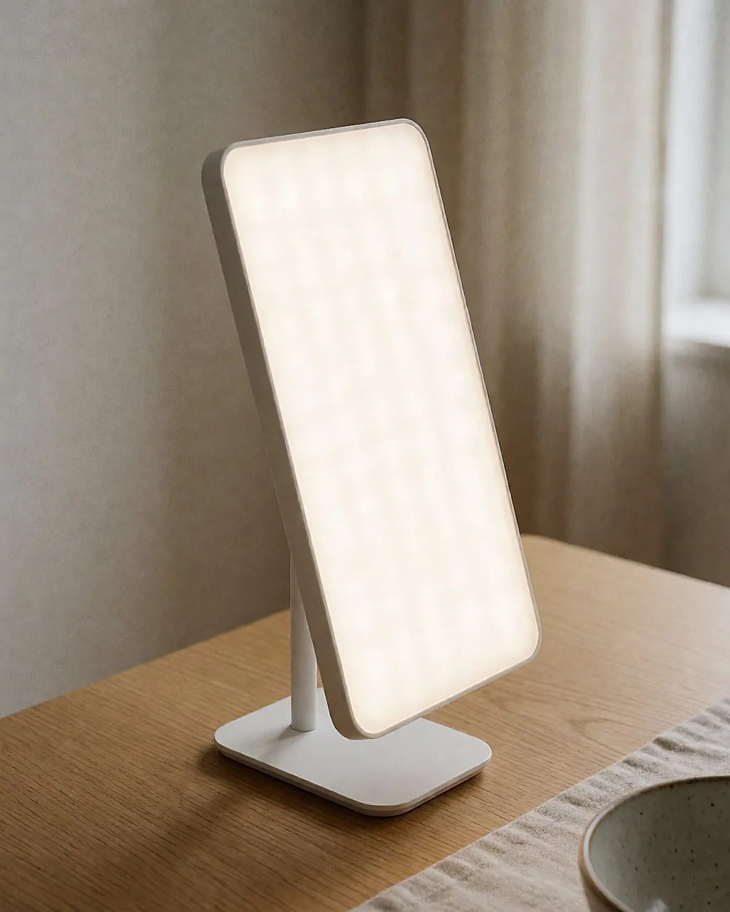 Primer plano de una lámpara de luminoterapia encendida sobre una mesa de madera clara