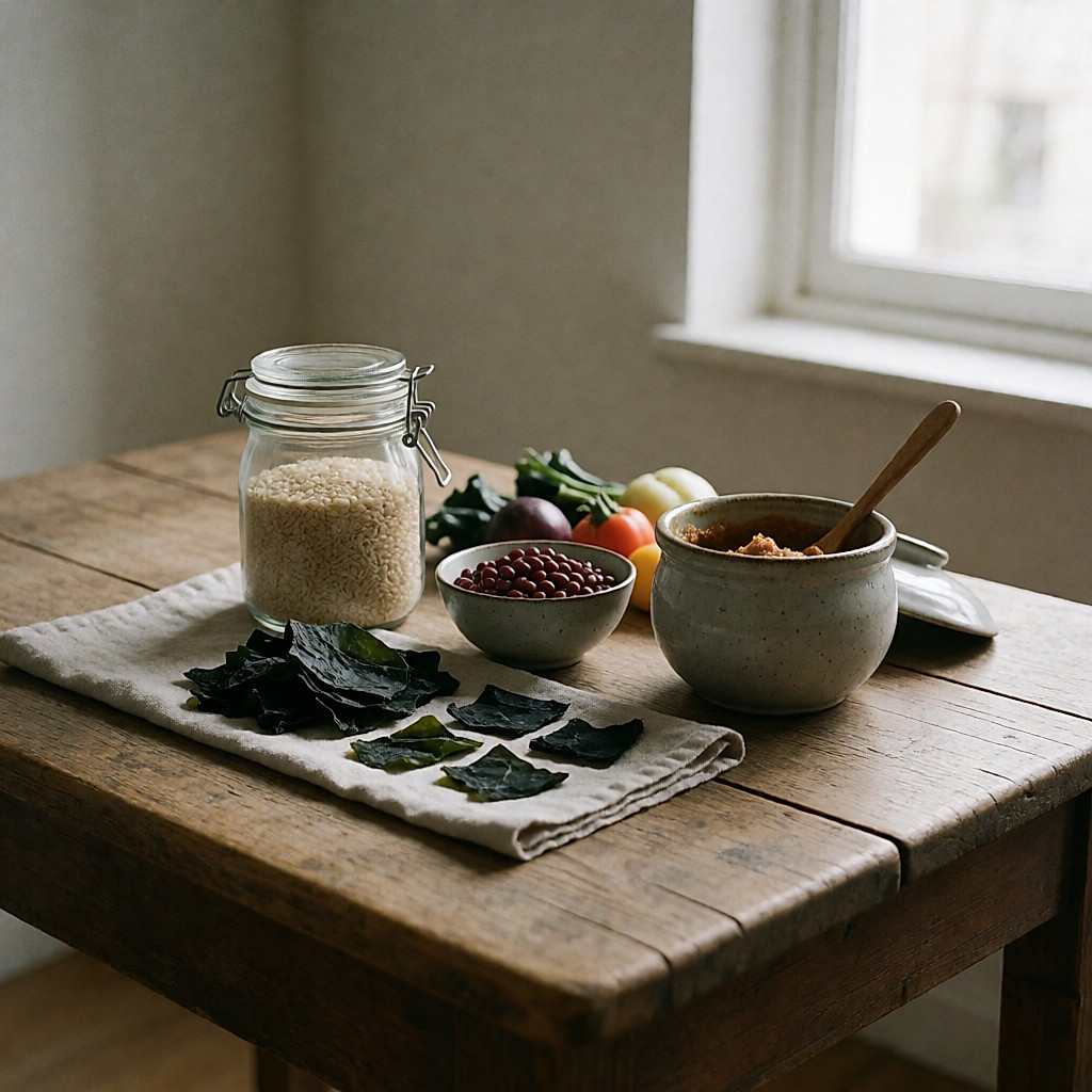 Grains entiers, azuki, wakame et kombu, pot de miso réunis sur une table en bois