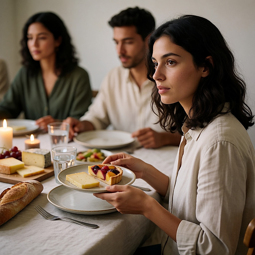 Jeune femme à table tenant une assiette de fromage lors d'un dîner familial