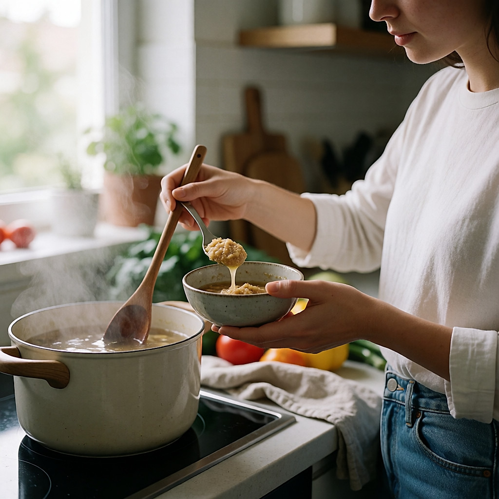 Cuillère de miso délayée dans un bouillon chaud, hors du feu, sur le plan de travail