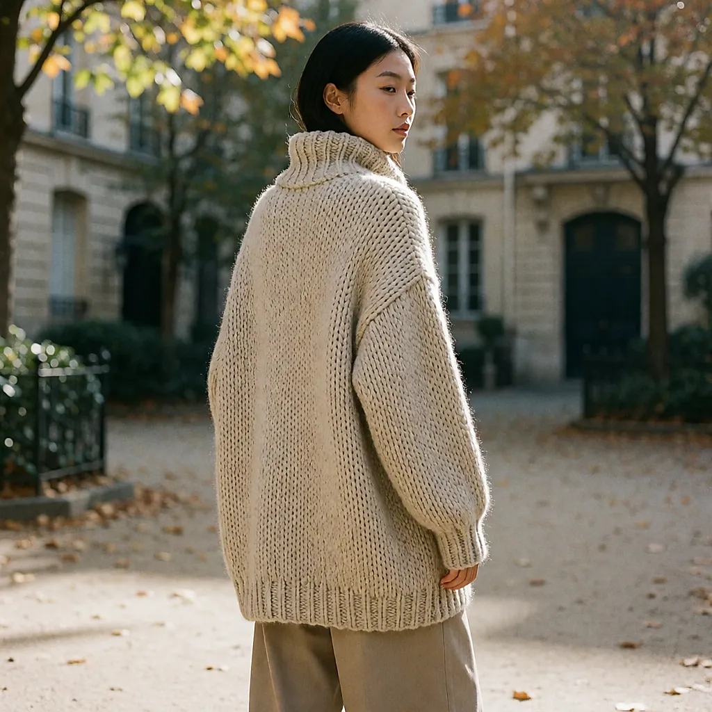 Une maille oversize qui descend à mi-cuisse, portée comme un manteau