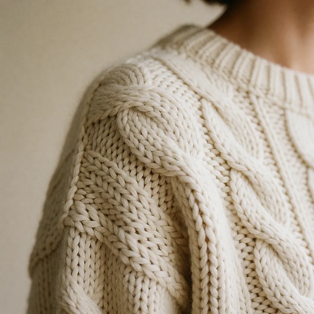 Le détail d'une maille à torsades sur une épaule, texture et tombé