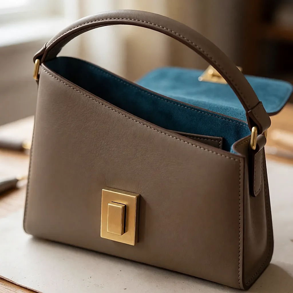 Detalle de un bolso de piel con asa asimétrica y cierre rediseñado