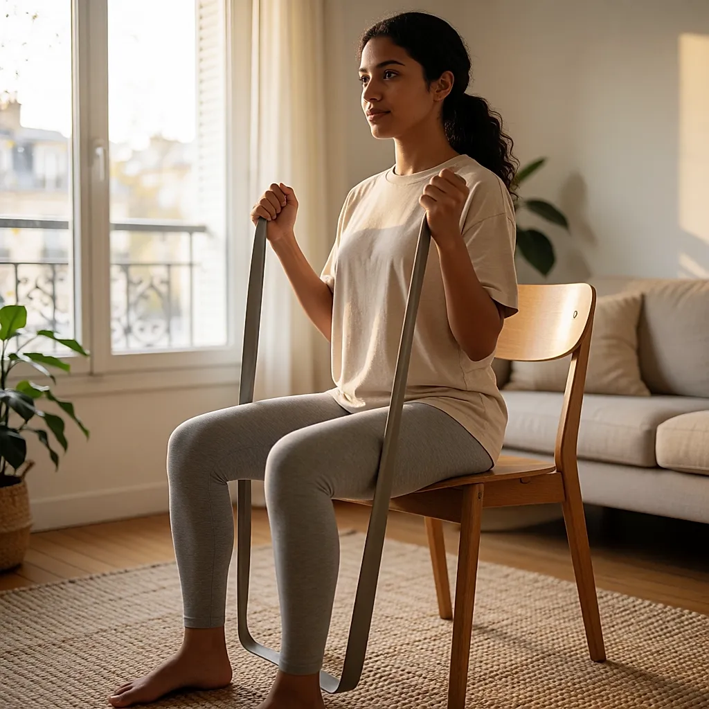 Une femme assise sur une chaise tire un élastique de résistance dans un salon lumineux