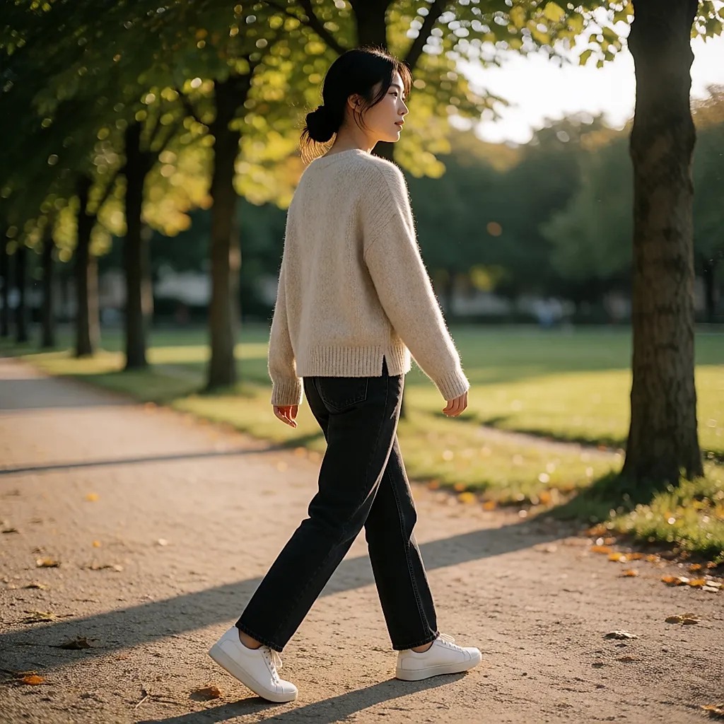 Une femme marche sans hâte sur une allée de parc bordée d'arbres, à l'heure dorée