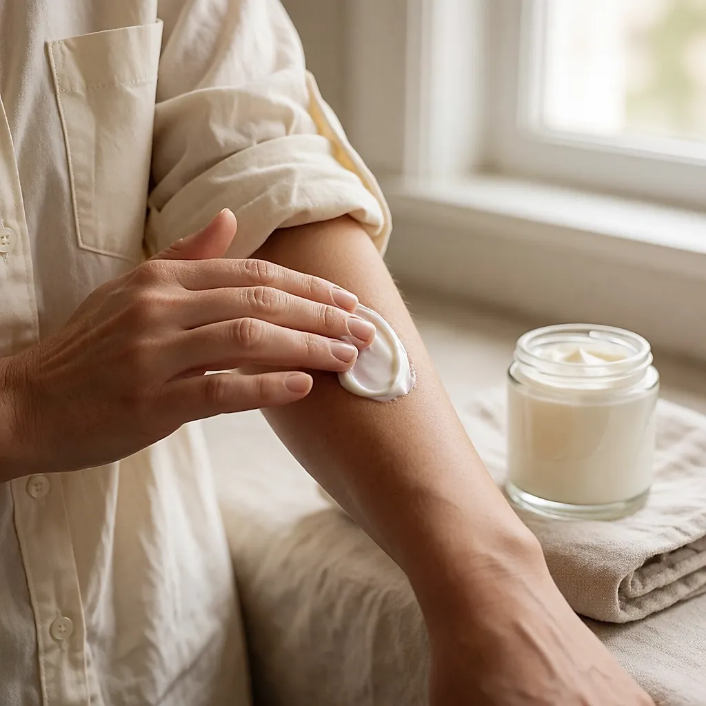 Une main applique une crème hydratante sur un avant-bras, dans une lumière naturelle douce