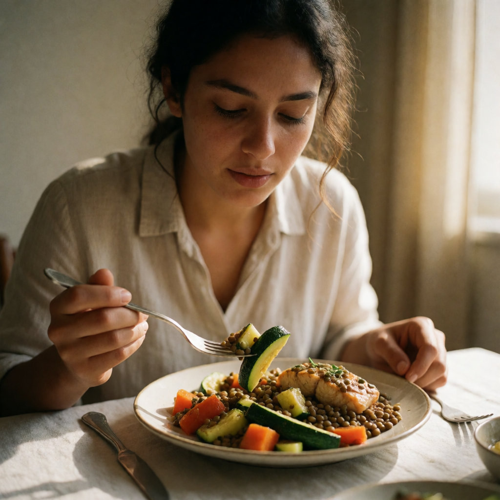 Jeune femme piquant des légumes rôtis avec une fourchette lors d'un dîner léger
