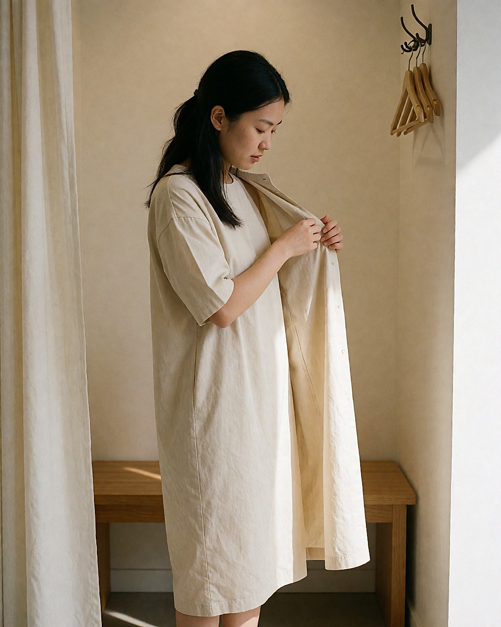 Jeune femme en cabine d'essayage retournant une robe en coton bio pour lire l'étiquette intérieure