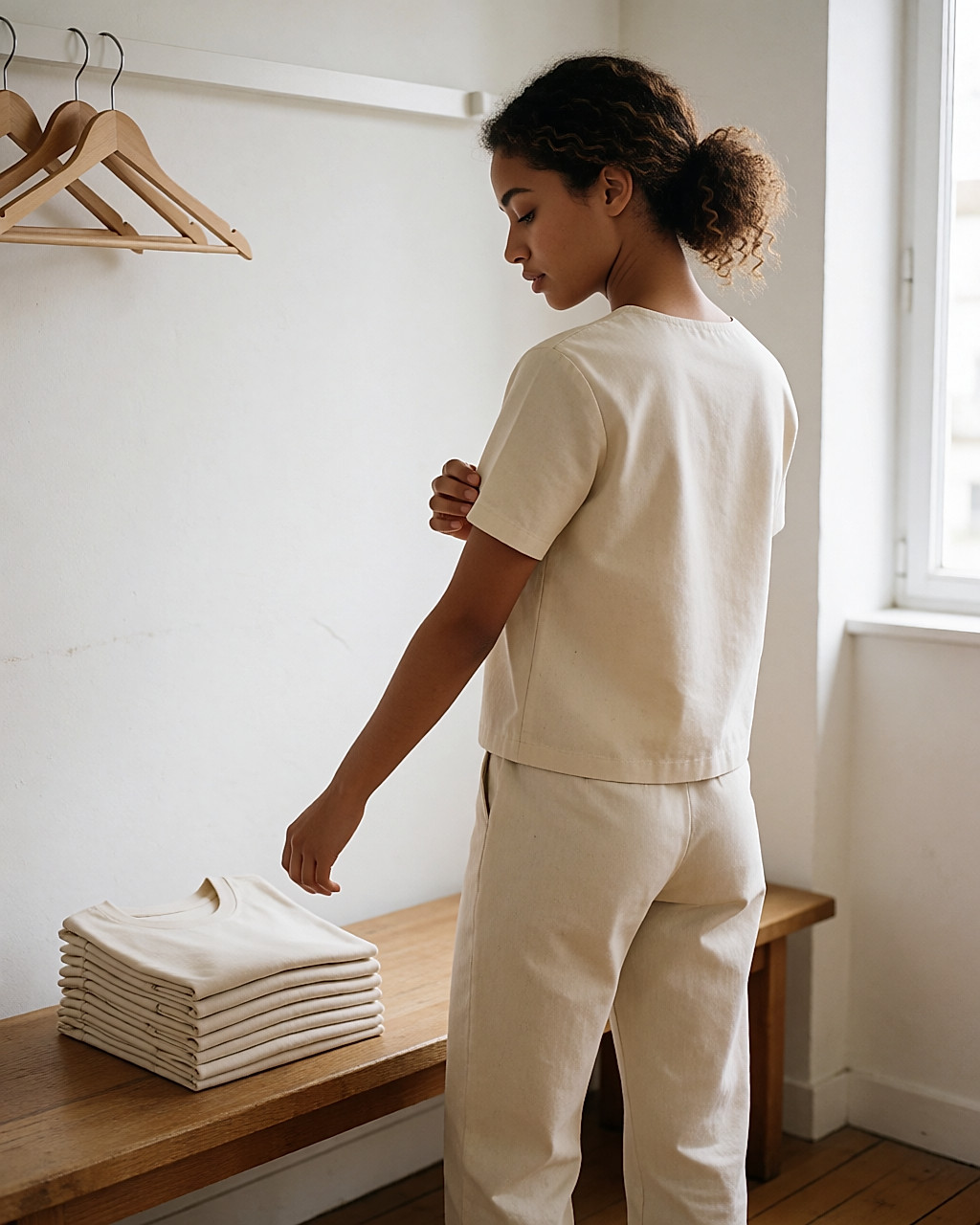 Jeune femme de trois quarts dos dans un intérieur clair, près d'une pile de tee-shirts pliés sur un banc