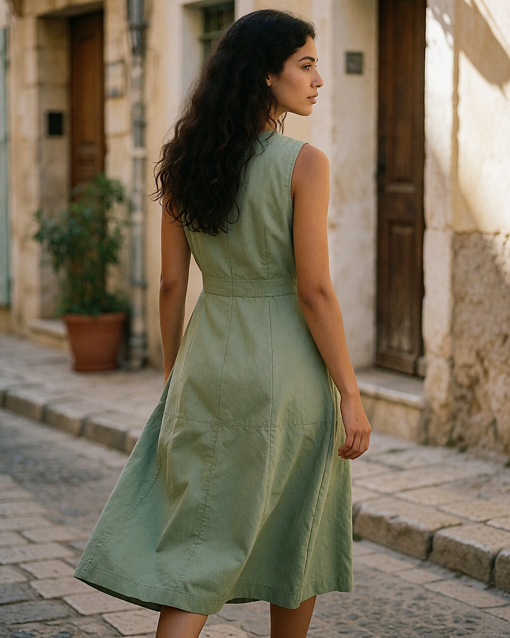 Jeune femme de trois quarts dos marchant dans une rue calme, robe midi en coton bio, lumière dorée du matin